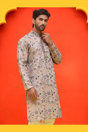Jompers Floral Embroidered Mandarin Collar Sequinned Silk Cotton Straight Kurta