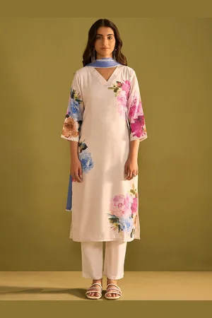 Indo Era Women Floral Printed Regular Beads and Stones Linen Kurta with Trousers & With Dupatta
