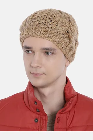 Magic Needles Men Camel Brown Self Design Hand Knitted Cable Woolen Beanie