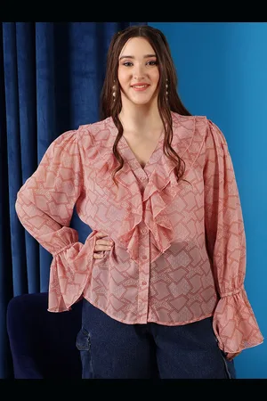 CURVY STREET Plus Size Floral Printed V-Neck Bell Sleeves Ruffled Shirt Style Top