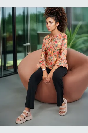DressBerry Floral Printed Tie-Up Neck Bell Sleeve Peplum Top