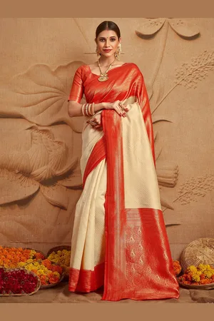 Saree mall Off Ethnic Motifs Woven Design Zari Silk Blend Kanjeevaram Sarees