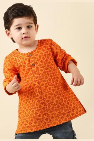 Fabindia Boys Orange Quirky Cotton Printed Kurta