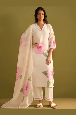 Indo Era Floral Printed V-Neck Straight Sequinned Linen Kurta With Trousers And Dupatta