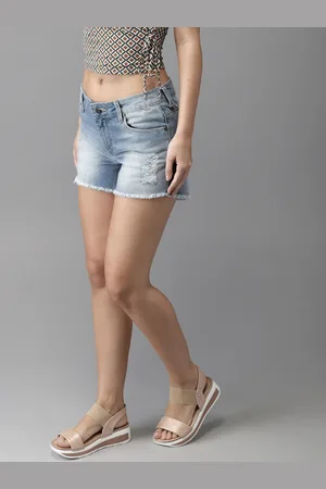 Moda Rapido Women Blue Washed Distressed Regular Fit Denim Shorts