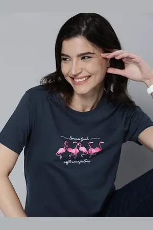 Mast & Harbour Women Navy Blue & Pink Printed Pure Cotton T-shirt