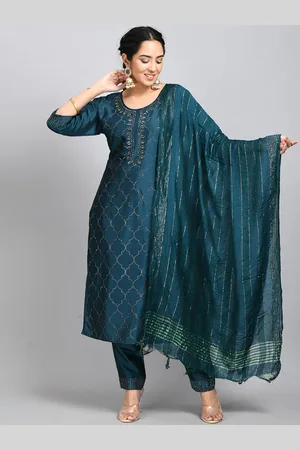 DesiNoor Women Teal Blue Beads and Stones Embroidered Kurta with Trouser & Dupatta Set