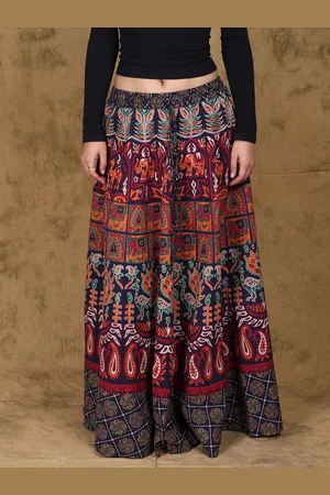 Exotic India Printed Pure Cotton Flared Maxi Skirt