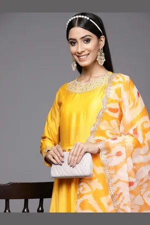 Indo Era Women Yellow Sequinned Liva Anarkali Kurta with Trousers & With Dupatta