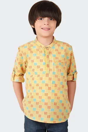 Fabindia Boys Geometric Printed Mandarin Collar Roll Up Sleeves Kurta