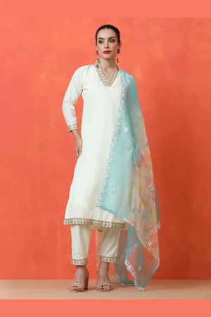 Jaipur Embroidered V-Neck Straight Kurta with Trousers And Dupatta