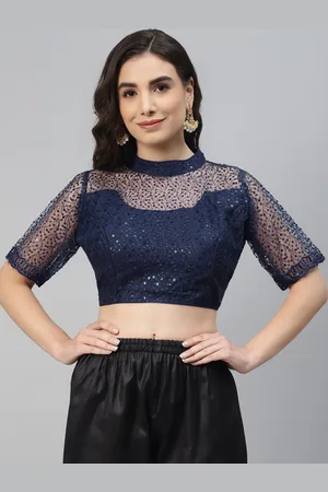 SHOPGARB Women Navy Blue Sequined Padded Saree Blouse