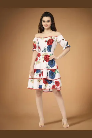 Moda Rapido Floral Print Off-Shoulder Applique Fit & Flare Dress