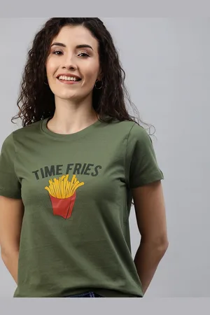 Mast & Harbour Mast Harbour Women Olive Green Conversational Printed Round Neck Pure Cotton T-shirt