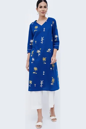Lifestyle Floral Embroidered Thread Work Pure Cotton A-Line Kurta