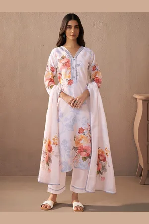 Indo Era Floral Printed Beads and Stones Linen Straight Kurta with Trousers & Dupatta