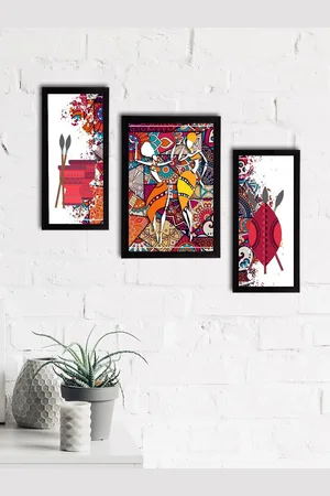 eCraftIndia Set of 3 Pink & Blue Tribal Theme Satin Matt Textured UV Art Painting