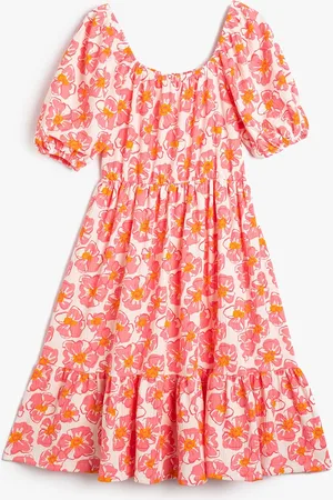 Koton Girls Floral Printed Puff Sleeves Gathered Detailed Fit & Flare Dress