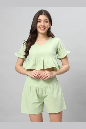 Mast & Harbour Pistachio green Pure Cotton V-Neck crop Top With Shorts Co-Ords