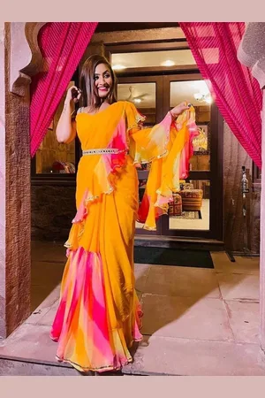 Moda Rapido Floral Printed Pure Georgette Ruffles Saree