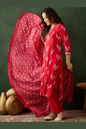 Sangria Red Floral Embroidered Pure Cotton Sequinned Straight Kurta With Trouser & Dupatta