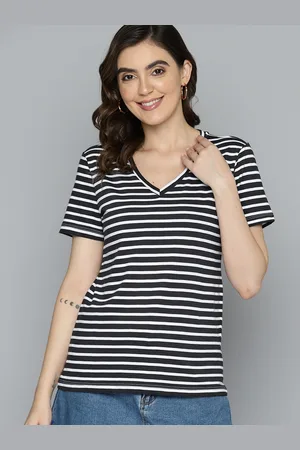 Mast & Harbour Women Striped V-Neck Pure Cotton T-shirt