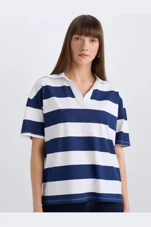 DeFacto Women Striped V-Neck Extended Sleeves Pockets T-shirt