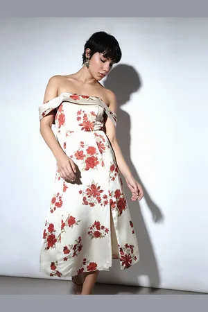 ONLY Floral Print Off-Shoulder Satin Fit & Flare Midi Dress