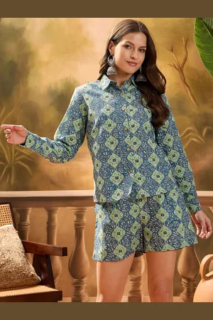 Sangria Printed Pure Cotton Shirt With Shorts Co-Ords