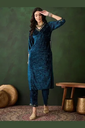 Sangria Teal Floral Yoke Design V-neck Three-Quarter Sleeves regular Velvet Straight Kurta