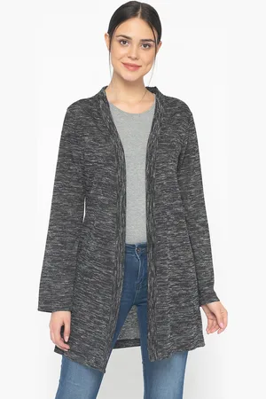 Gipsy Women Grey Melange Solid Open Front Longline Shrug