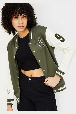 Max Collection Women Colourblocked Polyester Crop Varsity Jacket with Patchwork