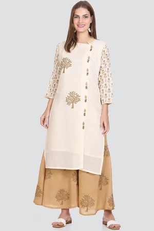 Elthia Ethnic Motifs Printed Band Collar Beads and Stones Pure Cotton Kurta With Palazzos