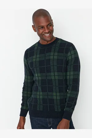 Trendyol Men Navy Blue & Green Checked Pullover