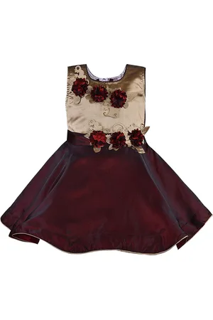 Wish Karo Infant Girls Maroon & Beige Colourblocked Fit and Flare Dress