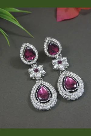 I Jewels Silver-Plated Artificial Stones Studded Teardrop Shaped Drop Earrings