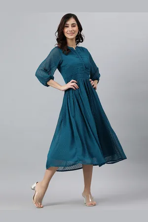 Janasya Women Teal Poly Chiffon Self Design Flared Dress