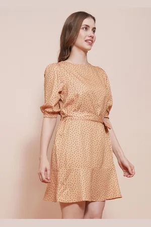 Globus Women Crepe Crew Neck Puff Sleeves Polka Dots A-Line Dress With Belt