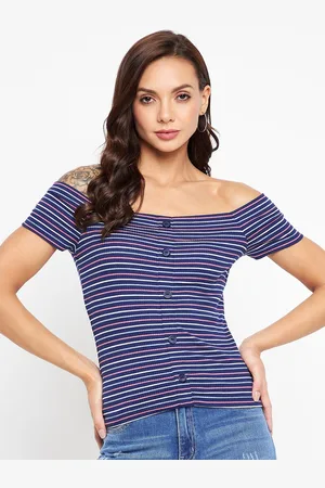 MADAME Navy Blue Striped Off-Shoulder Bardot Top