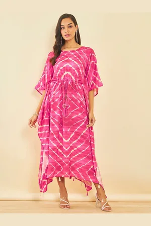 Soch Pink Tie and Dye Extended Sleeves Kaftan Midi Ethnic Dress