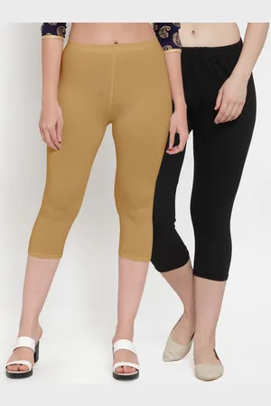 Jinfo Women Pack of 2 Black and Beige Cotton Lycra Capris