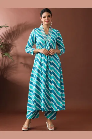 Jaipur Women Leheriya Printed Regular Beads and Stones Pure Cotton Kurta with Trousers