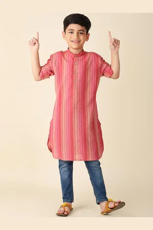 Fabindia Boys Striped Mandarin Collar Cotton Straight Kurta