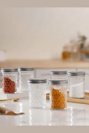 Nestasia Transparent 6 Pcs Textured Glass Mason Jars With Airtight Lid