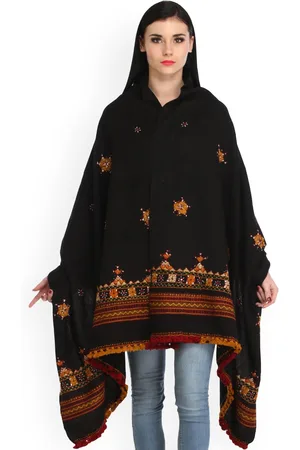 Exotic India Jet Black Shawl with Central Embroidered Chakra and Mirrors