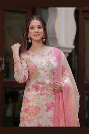 DORIYA Floral Printed Thread Work Straight Kurta With Trousers & Dupatta