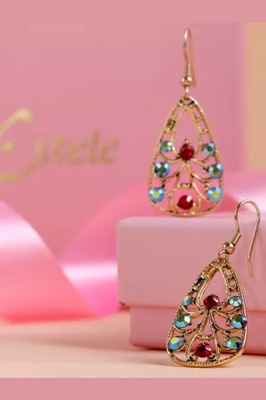 ESTELE Gold-Plated & Red Crystal Contemporary Drop Earrings