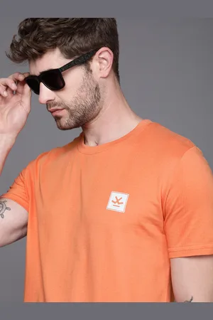 WROGN Men Peach Pink Brand Logo Printed Slim Fit Pure Cotton Casual T-shirt