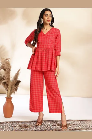 Janasya Checked V-Neck Pure Cotton Tunic With Trousers