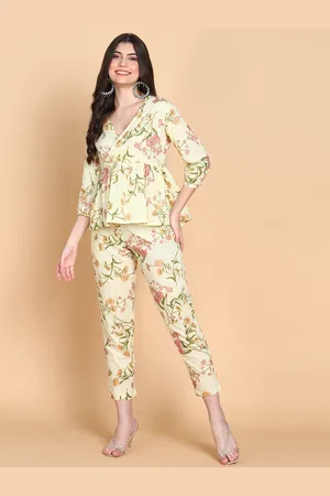 HERE&NOW Yellow Floral Printed Pure Cotton Peplum Top & Trouser
